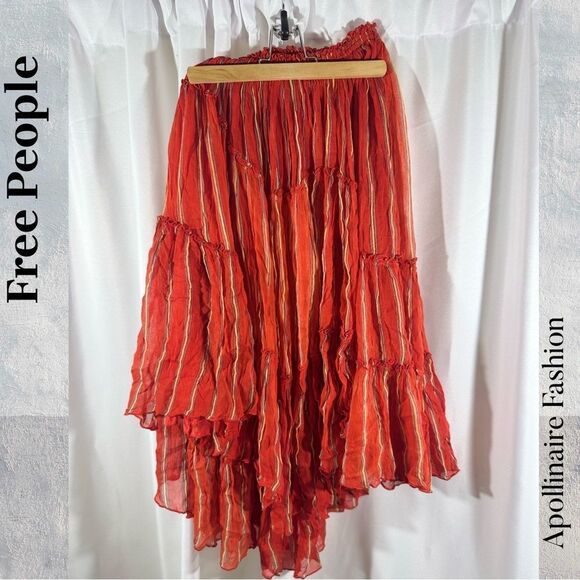 Free People Ember printed Fire Red A-Line MIDI Skirt in Medium NWOT - Picture 5 of 7